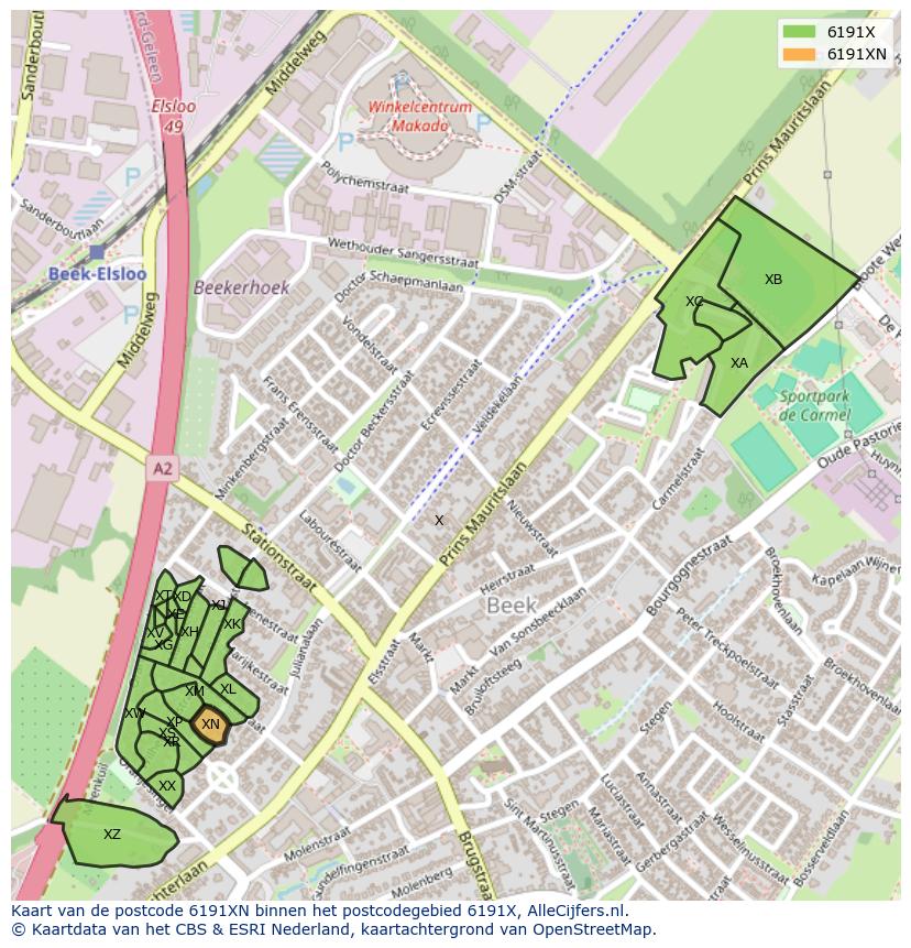 Afbeelding van het postcodegebied 6191 XN op de kaart.