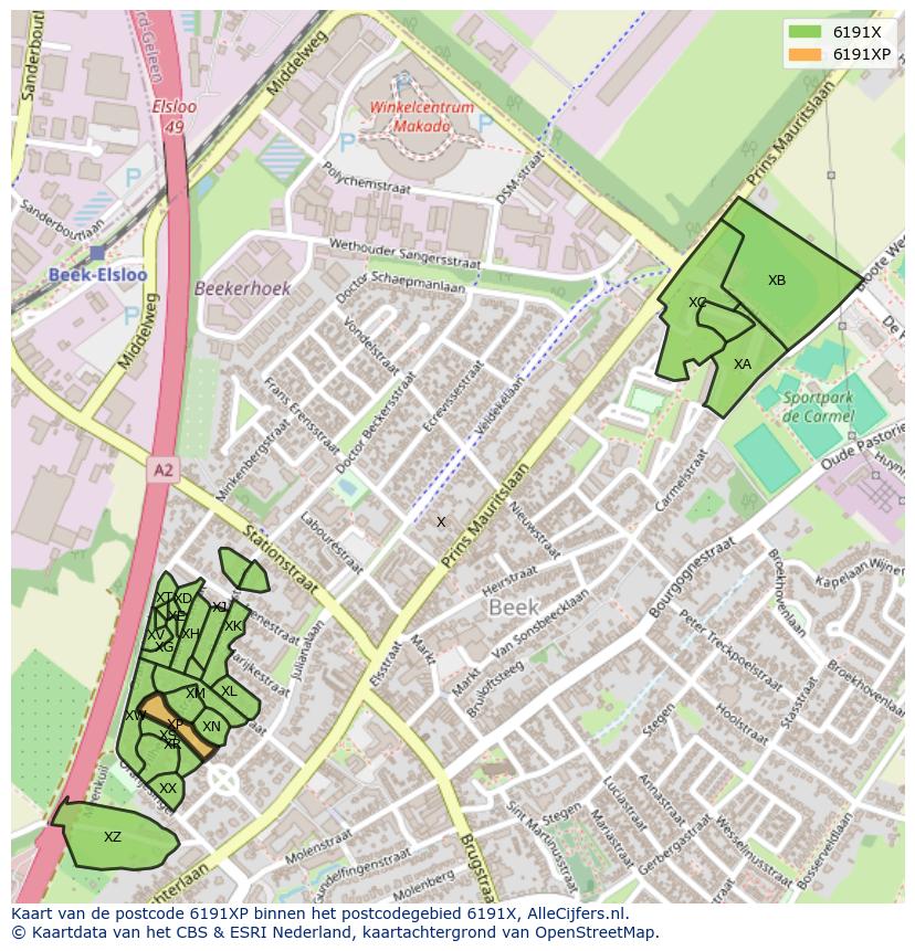Afbeelding van het postcodegebied 6191 XP op de kaart.