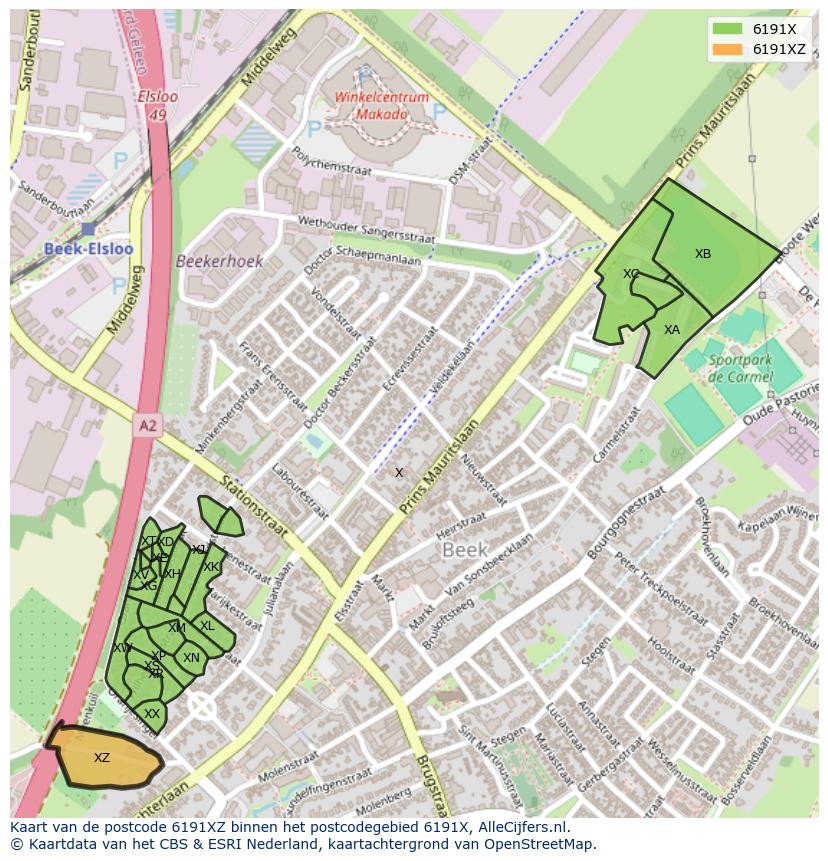 Afbeelding van het postcodegebied 6191 XZ op de kaart.