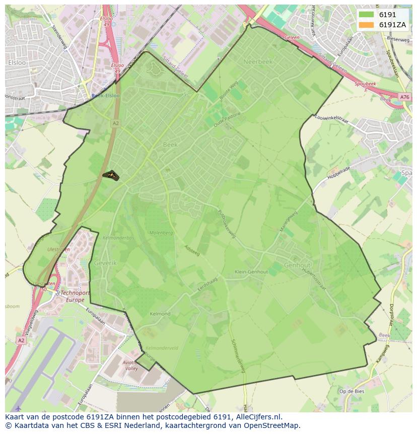 Afbeelding van het postcodegebied 6191 ZA op de kaart.