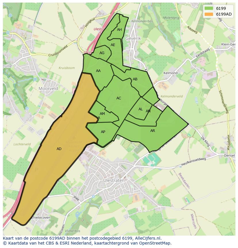Afbeelding van het postcodegebied 6199 AD op de kaart.