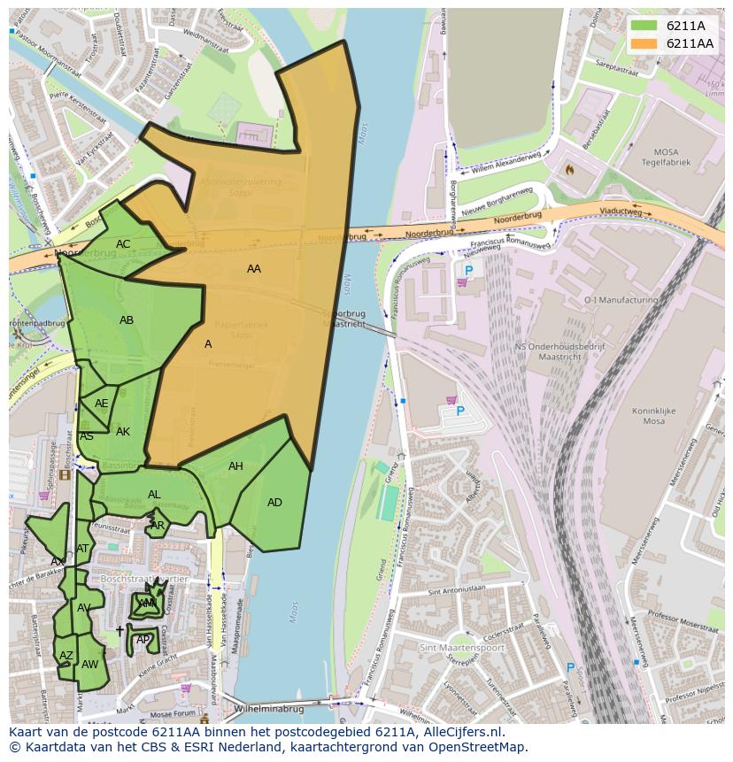 Afbeelding van het postcodegebied 6211 AA op de kaart.