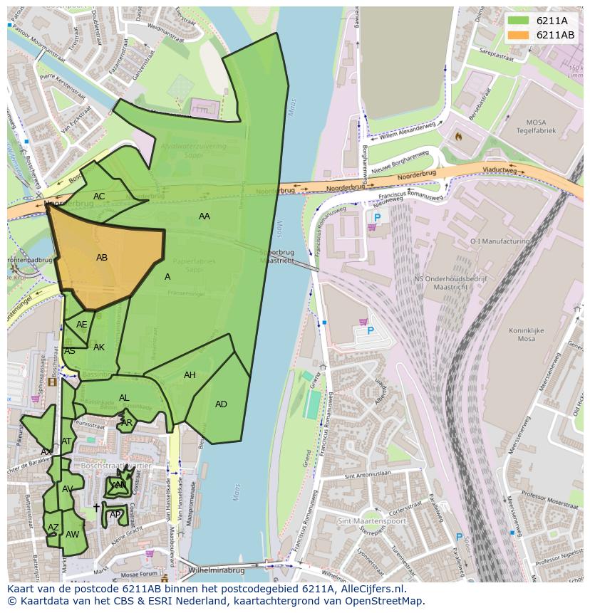 Afbeelding van het postcodegebied 6211 AB op de kaart.