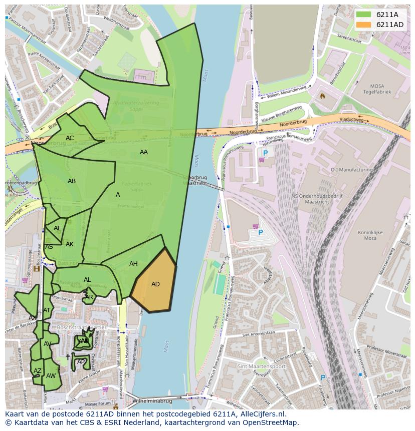 Afbeelding van het postcodegebied 6211 AD op de kaart.
