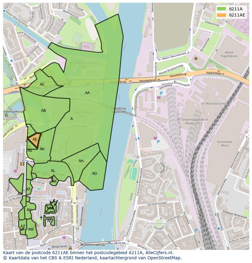 Afbeelding van het postcodegebied 6211 AE op de kaart.