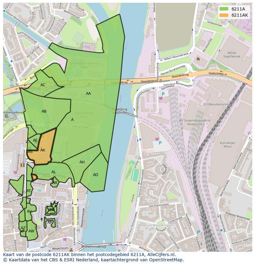 Afbeelding van het postcodegebied 6211 AK op de kaart.