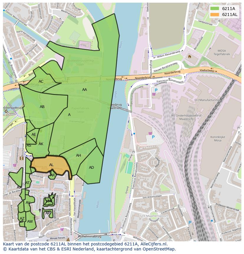 Afbeelding van het postcodegebied 6211 AL op de kaart.