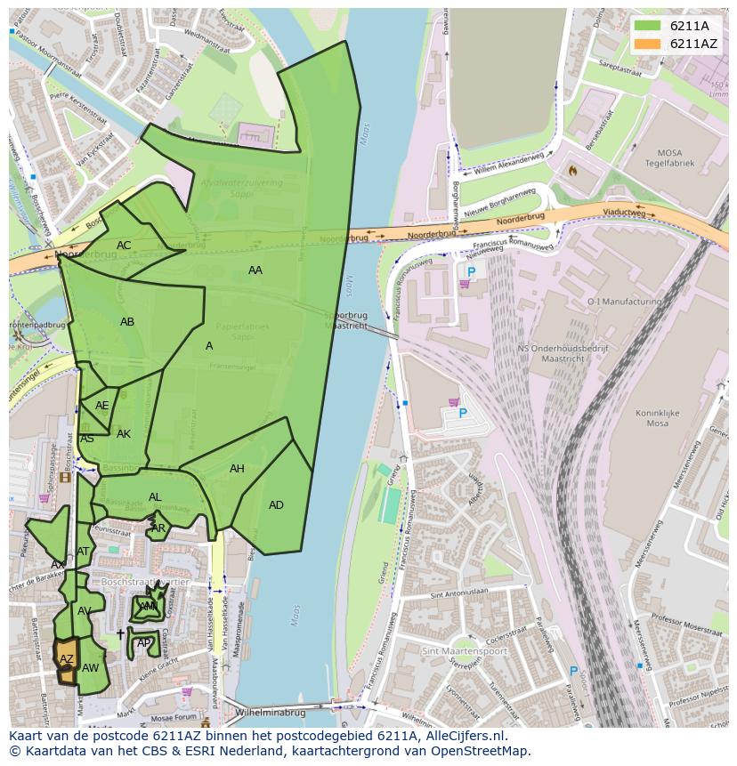 Afbeelding van het postcodegebied 6211 AZ op de kaart.