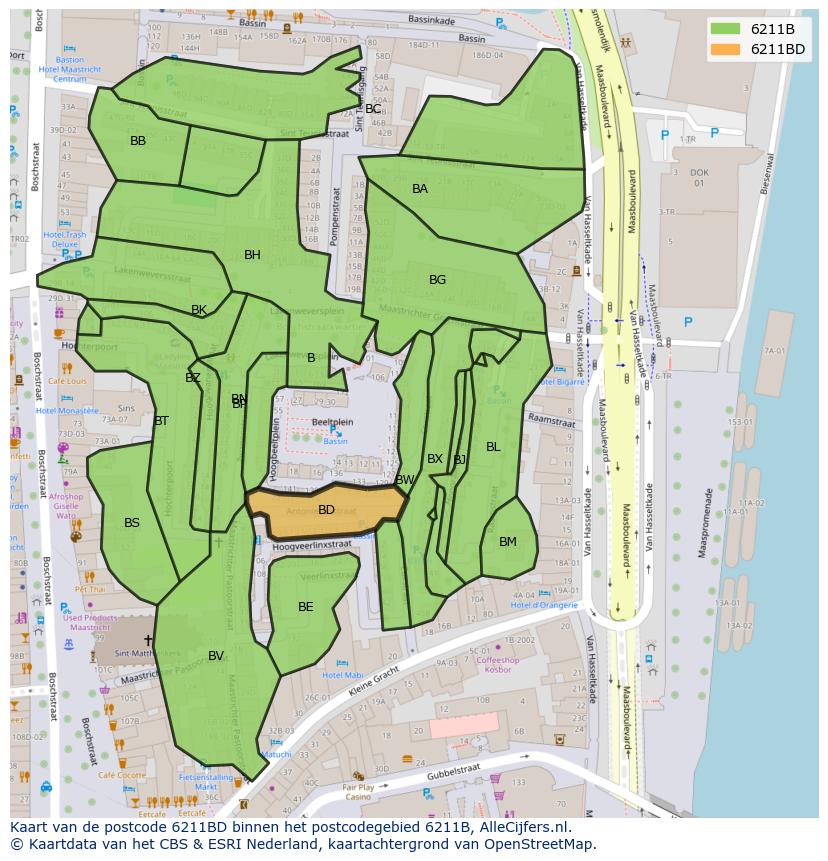 Afbeelding van het postcodegebied 6211 BD op de kaart.