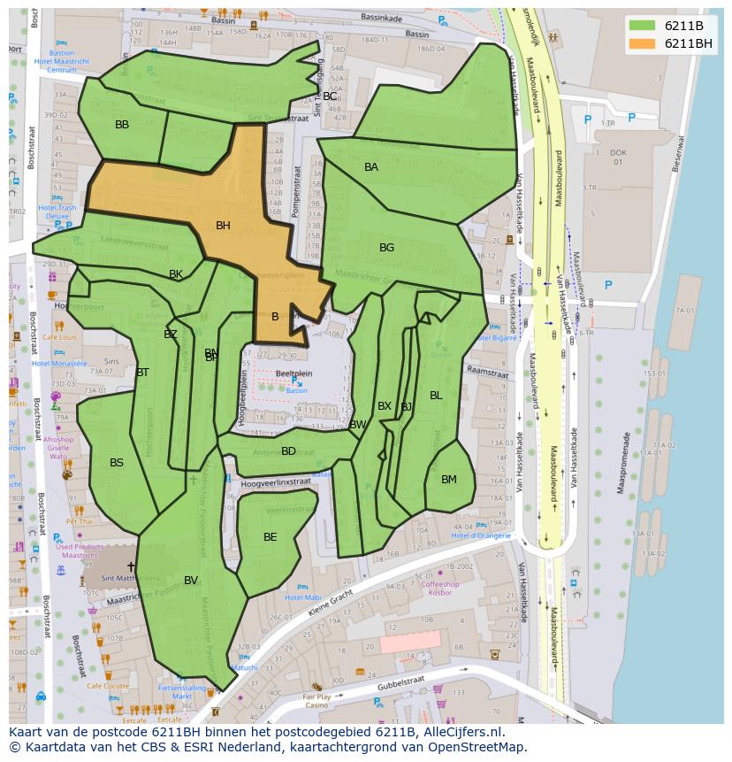 Afbeelding van het postcodegebied 6211 BH op de kaart.