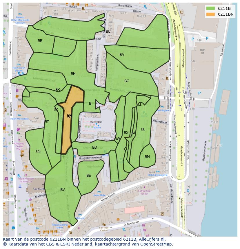 Afbeelding van het postcodegebied 6211 BN op de kaart.