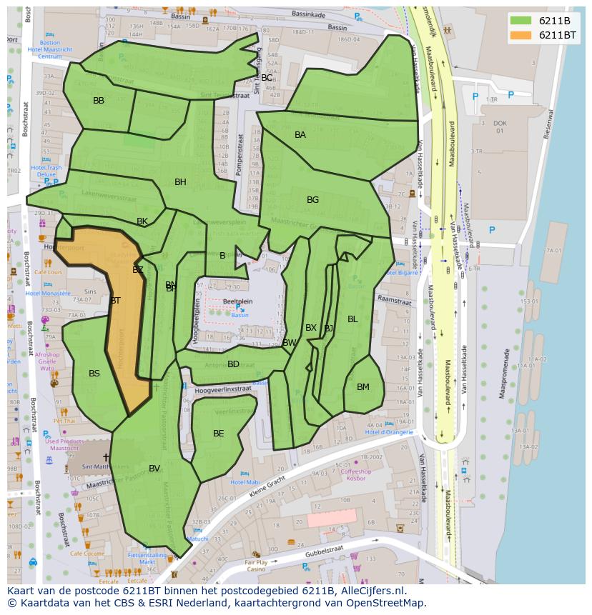 Afbeelding van het postcodegebied 6211 BT op de kaart.