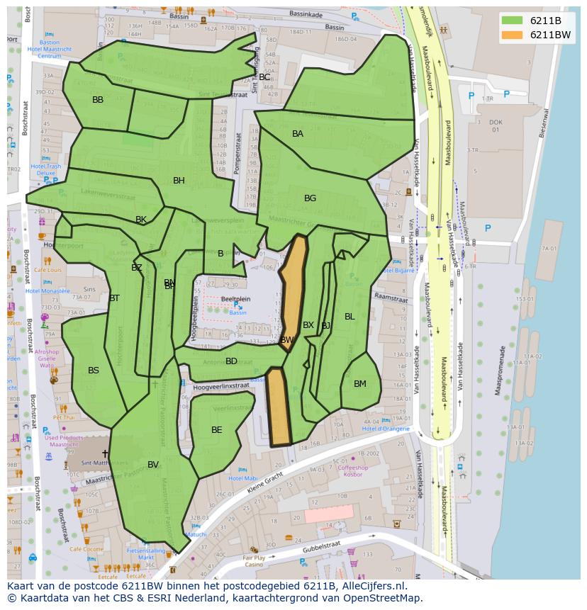 Afbeelding van het postcodegebied 6211 BW op de kaart.