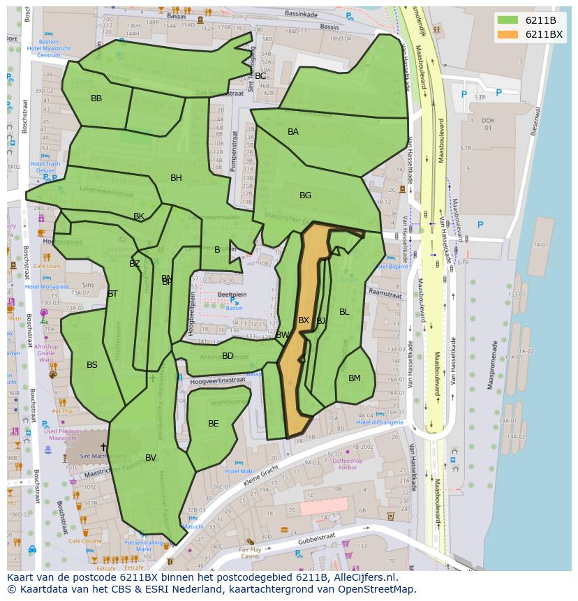 Afbeelding van het postcodegebied 6211 BX op de kaart.