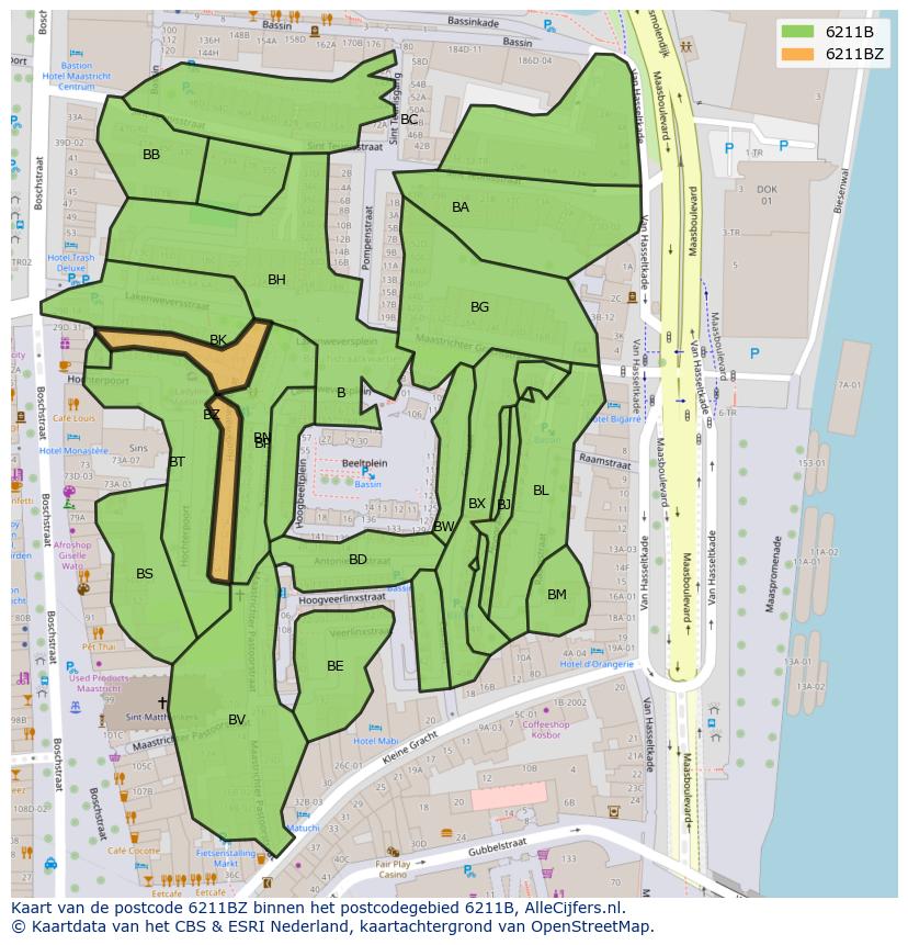 Afbeelding van het postcodegebied 6211 BZ op de kaart.
