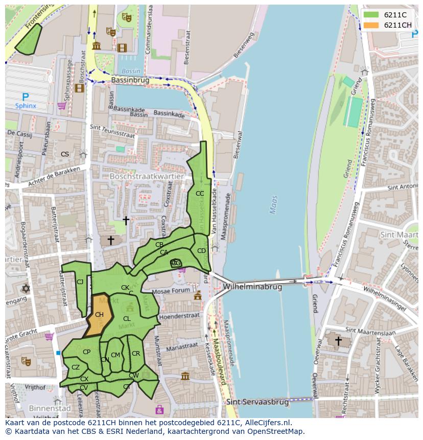 Afbeelding van het postcodegebied 6211 CH op de kaart.