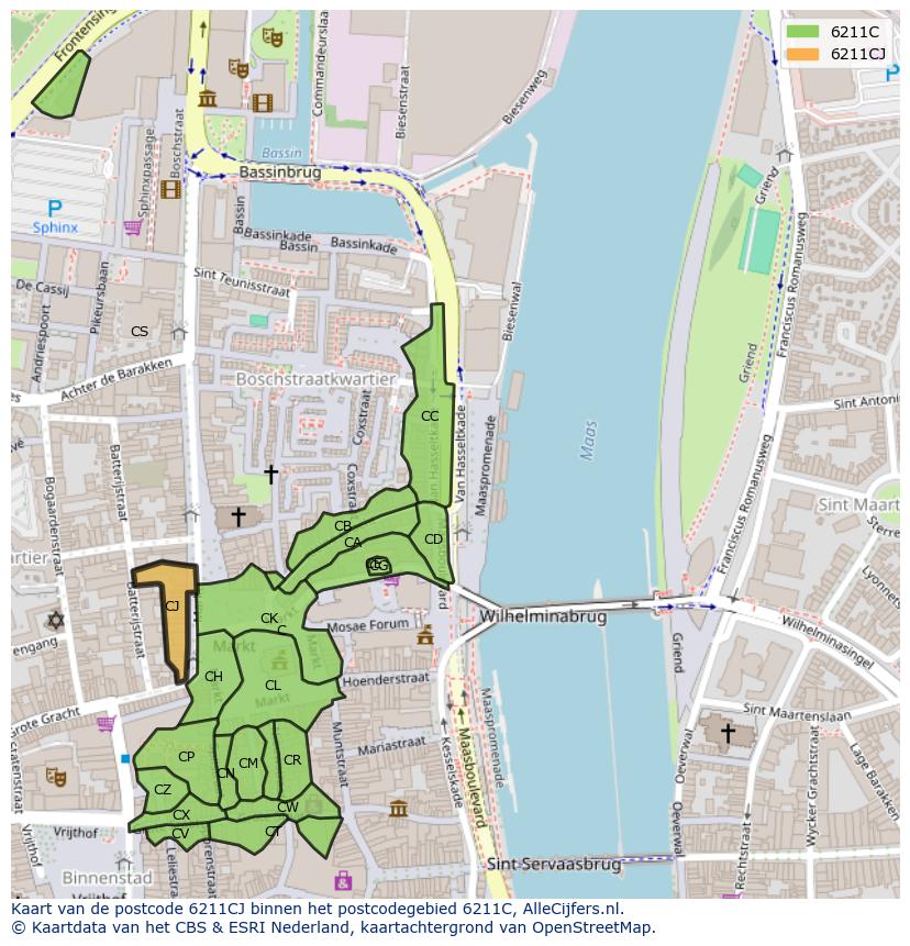 Afbeelding van het postcodegebied 6211 CJ op de kaart.