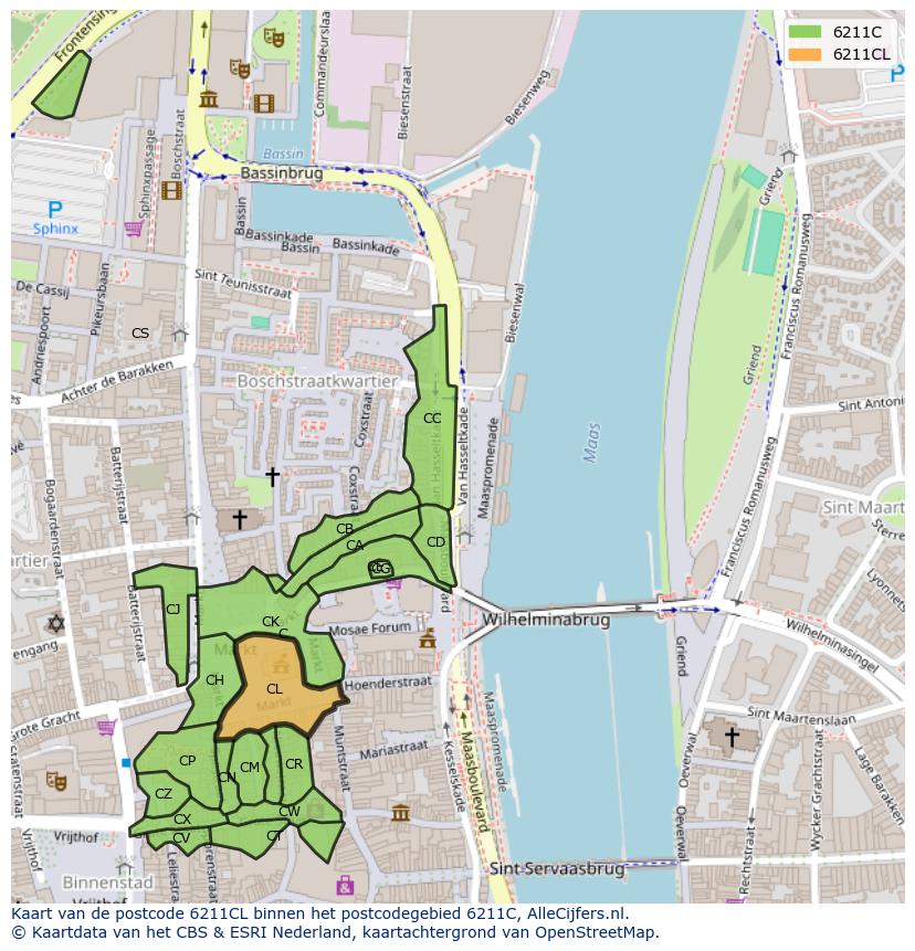 Afbeelding van het postcodegebied 6211 CL op de kaart.