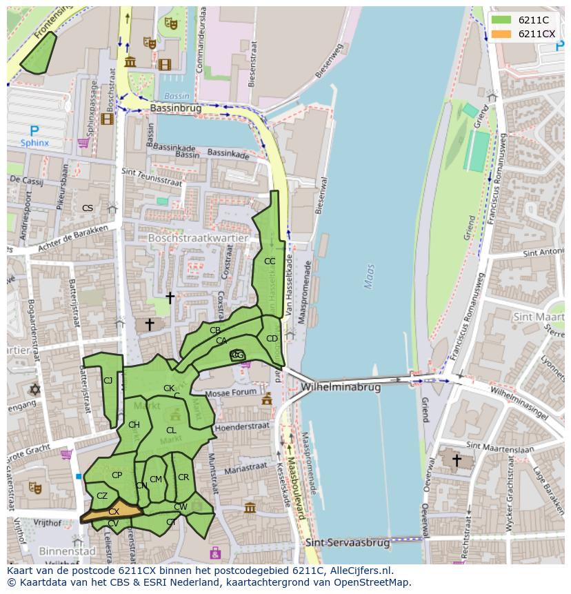 Afbeelding van het postcodegebied 6211 CX op de kaart.