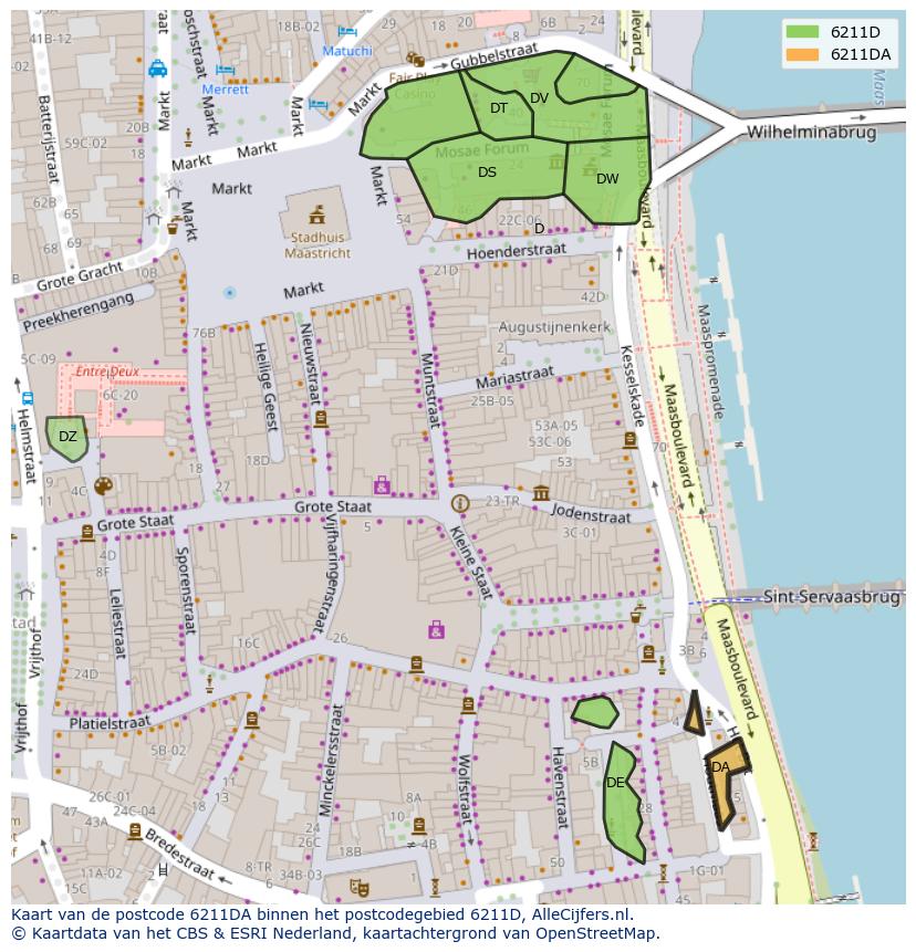 Afbeelding van het postcodegebied 6211 DA op de kaart.