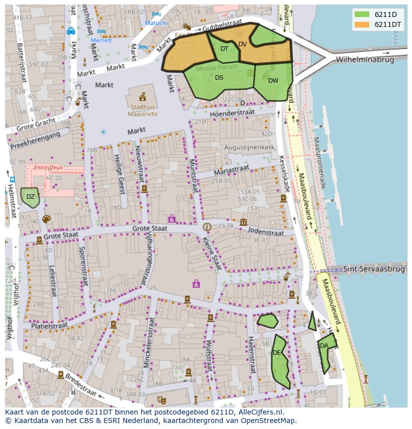 Afbeelding van het postcodegebied 6211 DT op de kaart.
