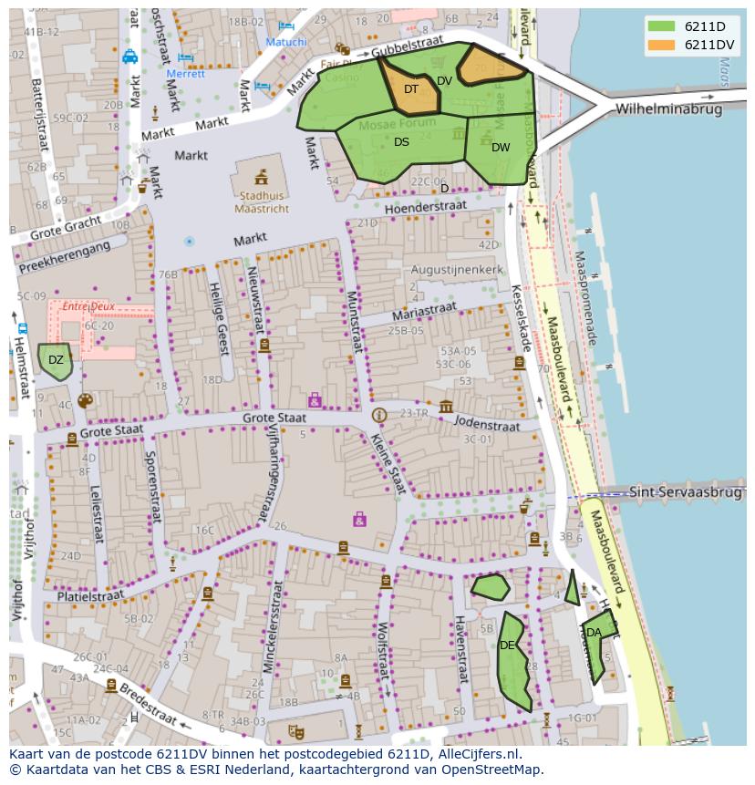 Afbeelding van het postcodegebied 6211 DV op de kaart.