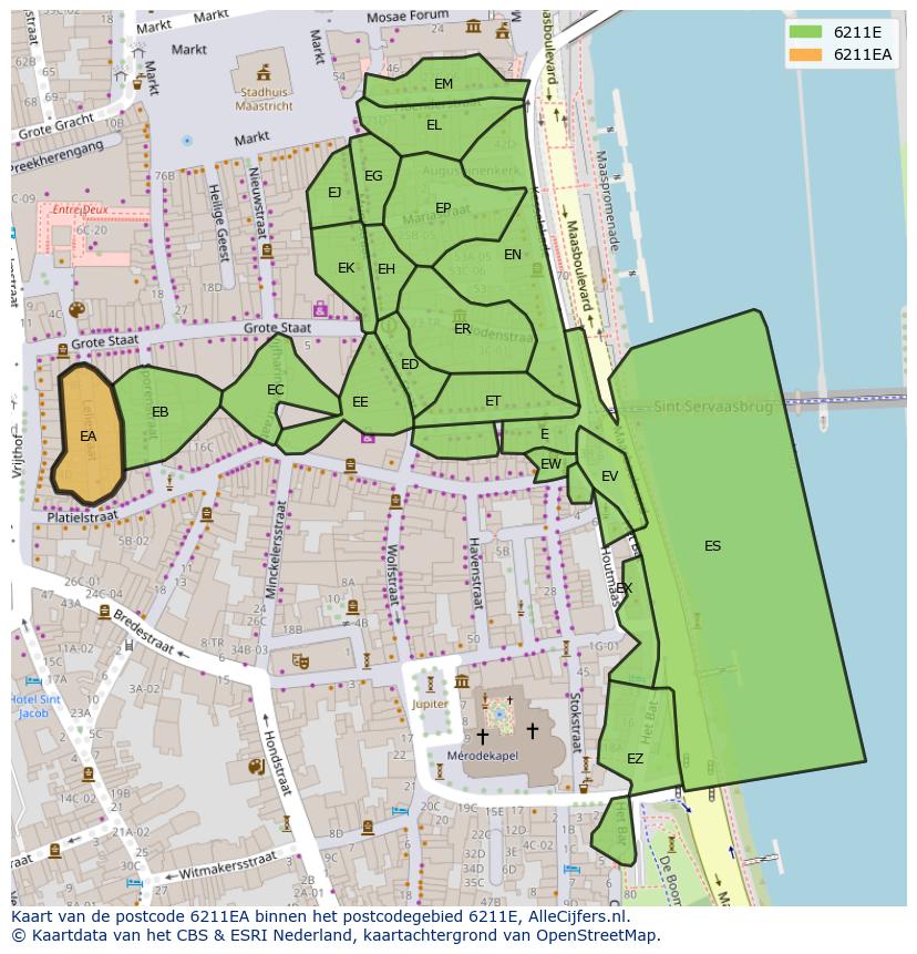 Afbeelding van het postcodegebied 6211 EA op de kaart.