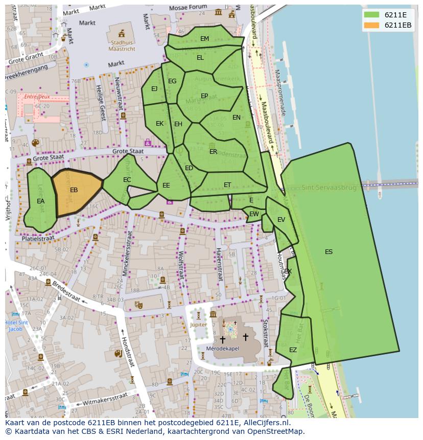 Afbeelding van het postcodegebied 6211 EB op de kaart.