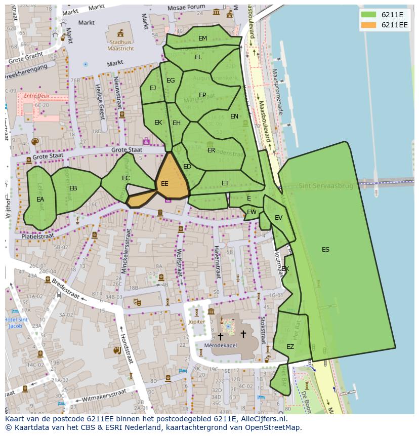 Afbeelding van het postcodegebied 6211 EE op de kaart.