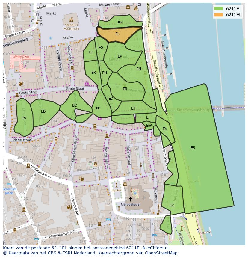 Afbeelding van het postcodegebied 6211 EL op de kaart.
