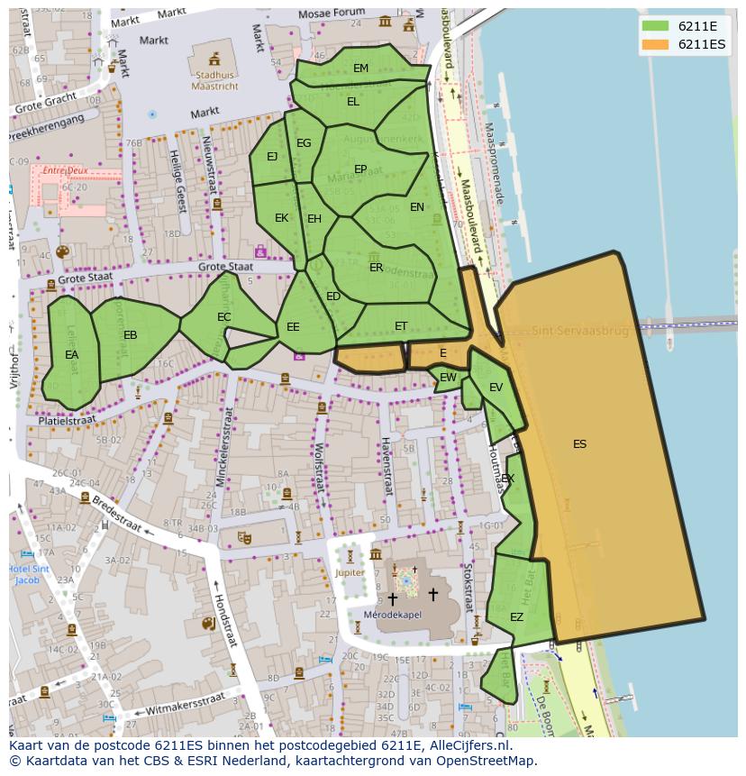 Afbeelding van het postcodegebied 6211 ES op de kaart.