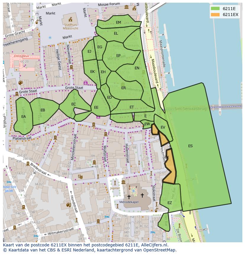 Afbeelding van het postcodegebied 6211 EX op de kaart.