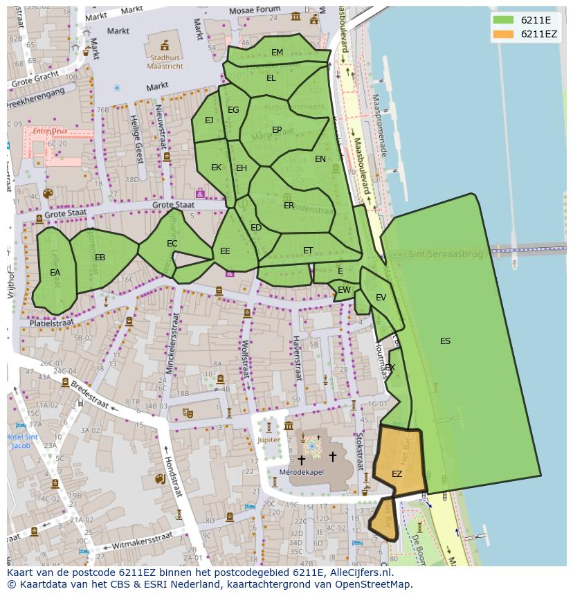 Afbeelding van het postcodegebied 6211 EZ op de kaart.