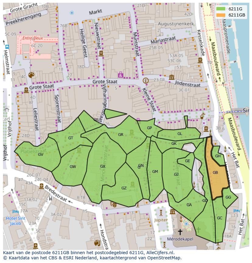 Afbeelding van het postcodegebied 6211 GB op de kaart.