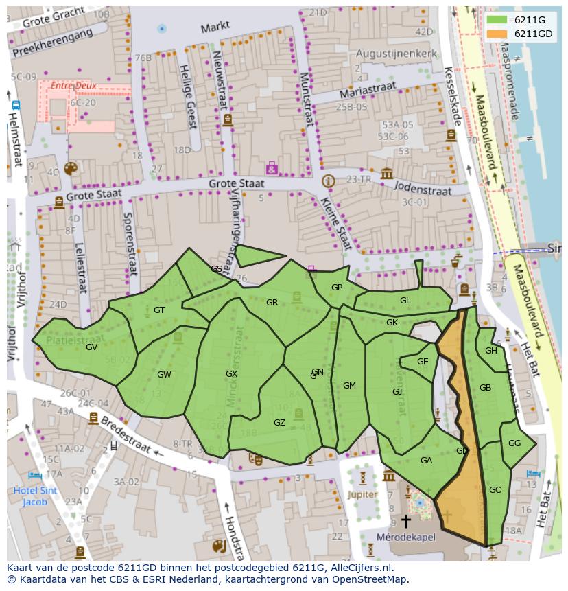 Afbeelding van het postcodegebied 6211 GD op de kaart.