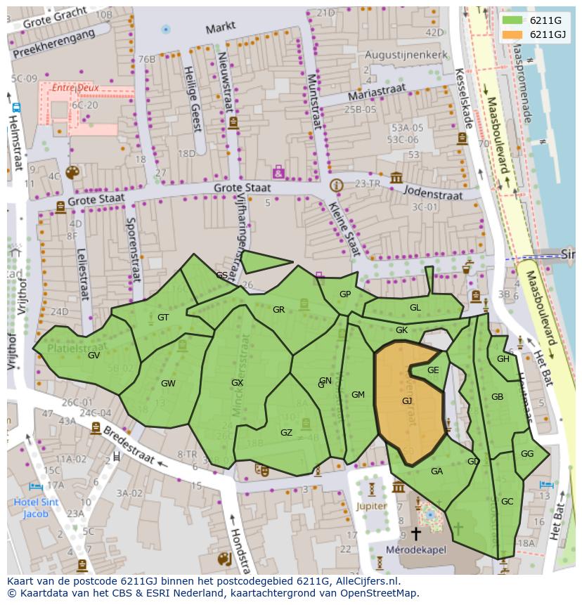 Afbeelding van het postcodegebied 6211 GJ op de kaart.
