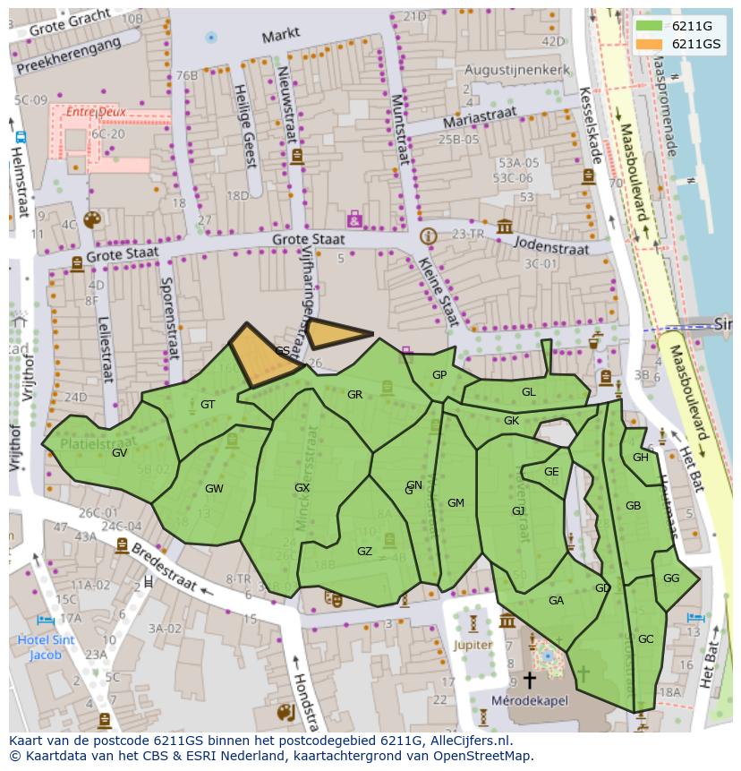 Afbeelding van het postcodegebied 6211 GS op de kaart.