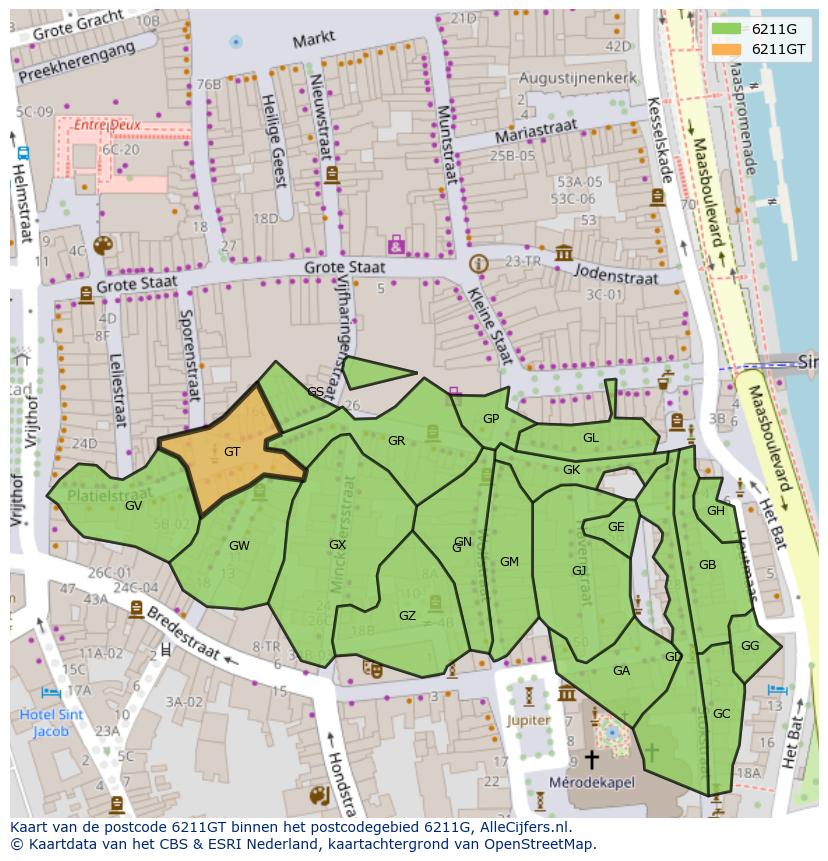 Afbeelding van het postcodegebied 6211 GT op de kaart.