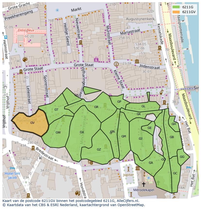 Afbeelding van het postcodegebied 6211 GV op de kaart.
