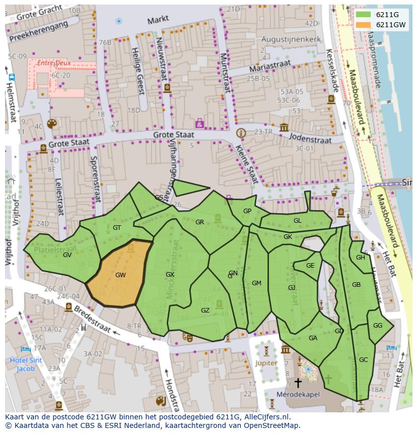 Afbeelding van het postcodegebied 6211 GW op de kaart.