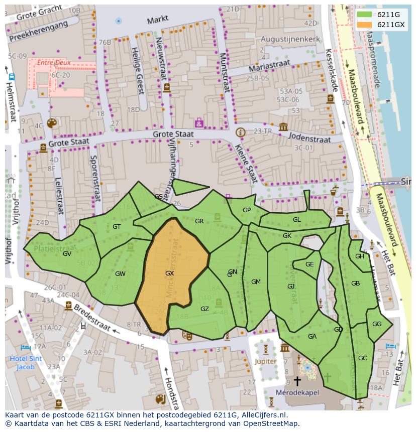 Afbeelding van het postcodegebied 6211 GX op de kaart.