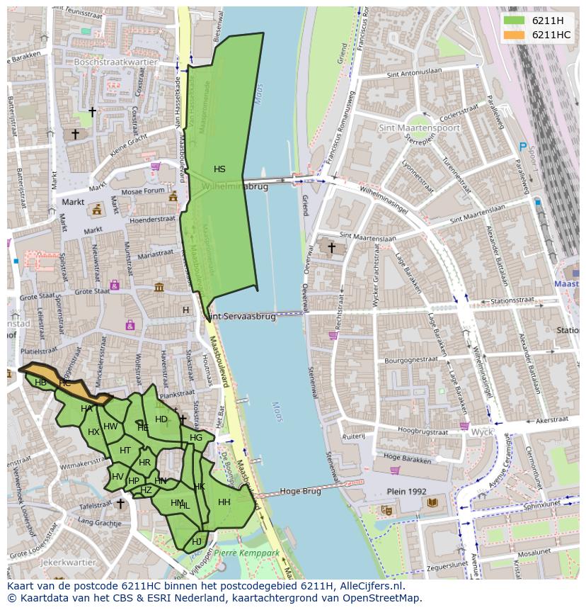 Afbeelding van het postcodegebied 6211 HC op de kaart.