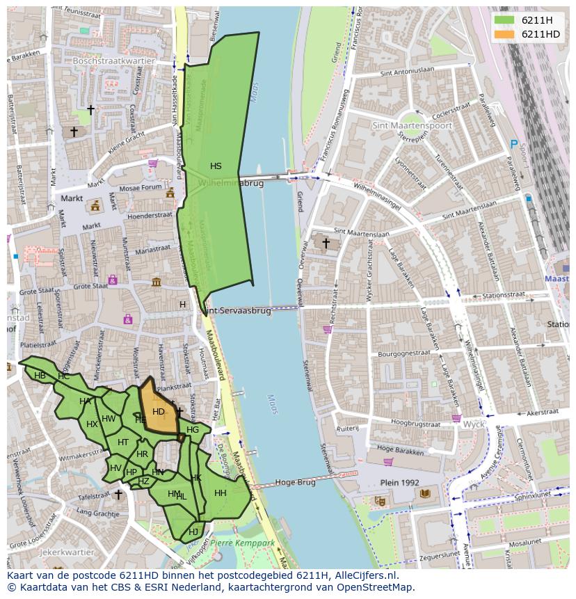 Afbeelding van het postcodegebied 6211 HD op de kaart.