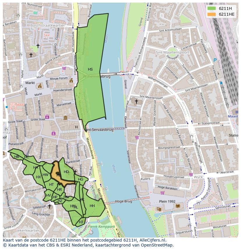 Afbeelding van het postcodegebied 6211 HE op de kaart.