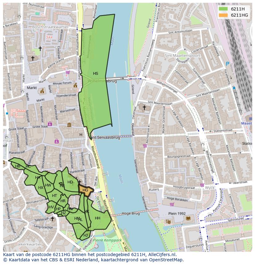Afbeelding van het postcodegebied 6211 HG op de kaart.