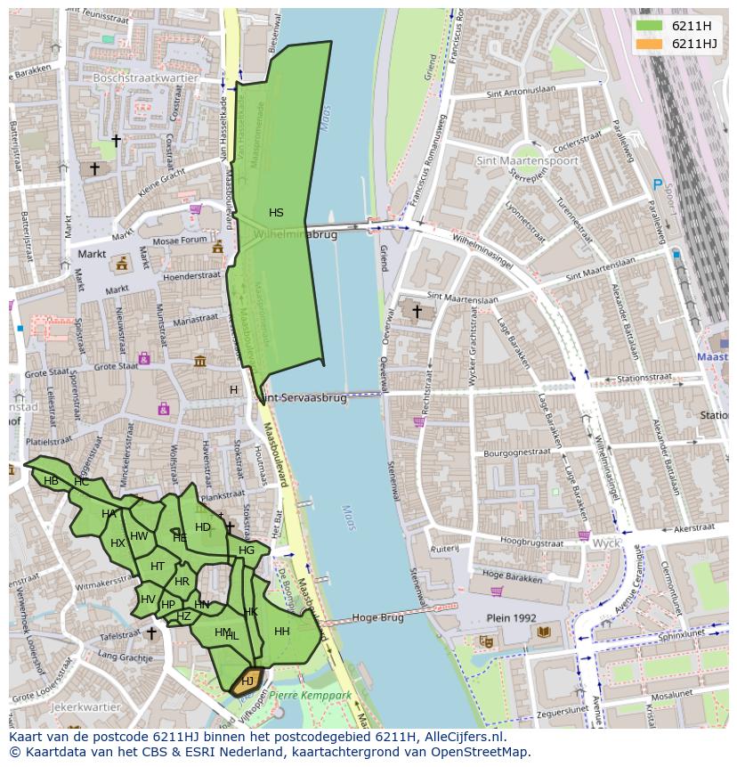 Afbeelding van het postcodegebied 6211 HJ op de kaart.