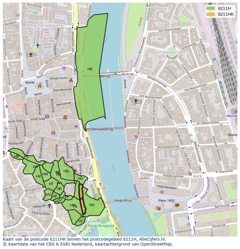 Afbeelding van het postcodegebied 6211 HK op de kaart.