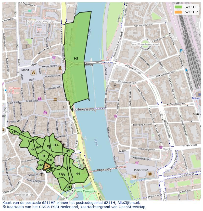 Afbeelding van het postcodegebied 6211 HP op de kaart.