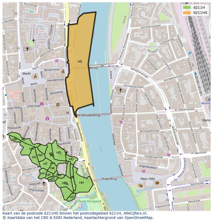 Afbeelding van het postcodegebied 6211 HS op de kaart.