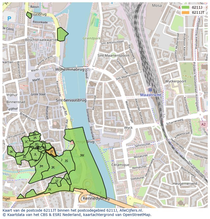 Afbeelding van het postcodegebied 6211 JT op de kaart.